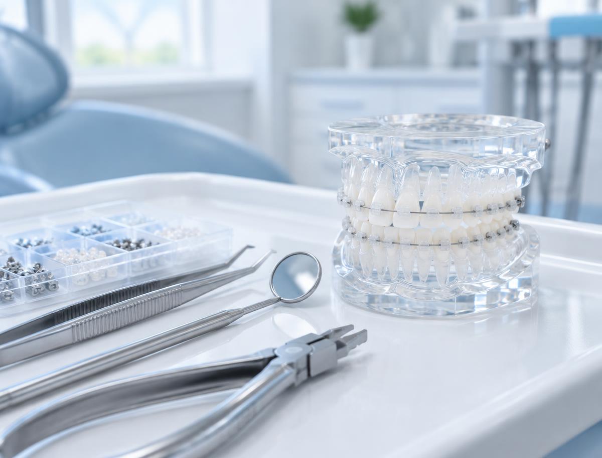 Dental model with ceramic braces and orthodontic tools